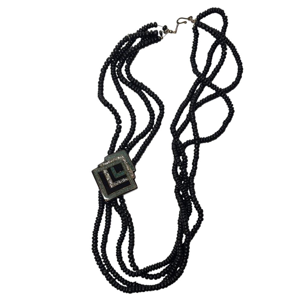 Vintage Art Deco Multi Strand Black Glass Beaded Necklace Geometric Pendant 22”